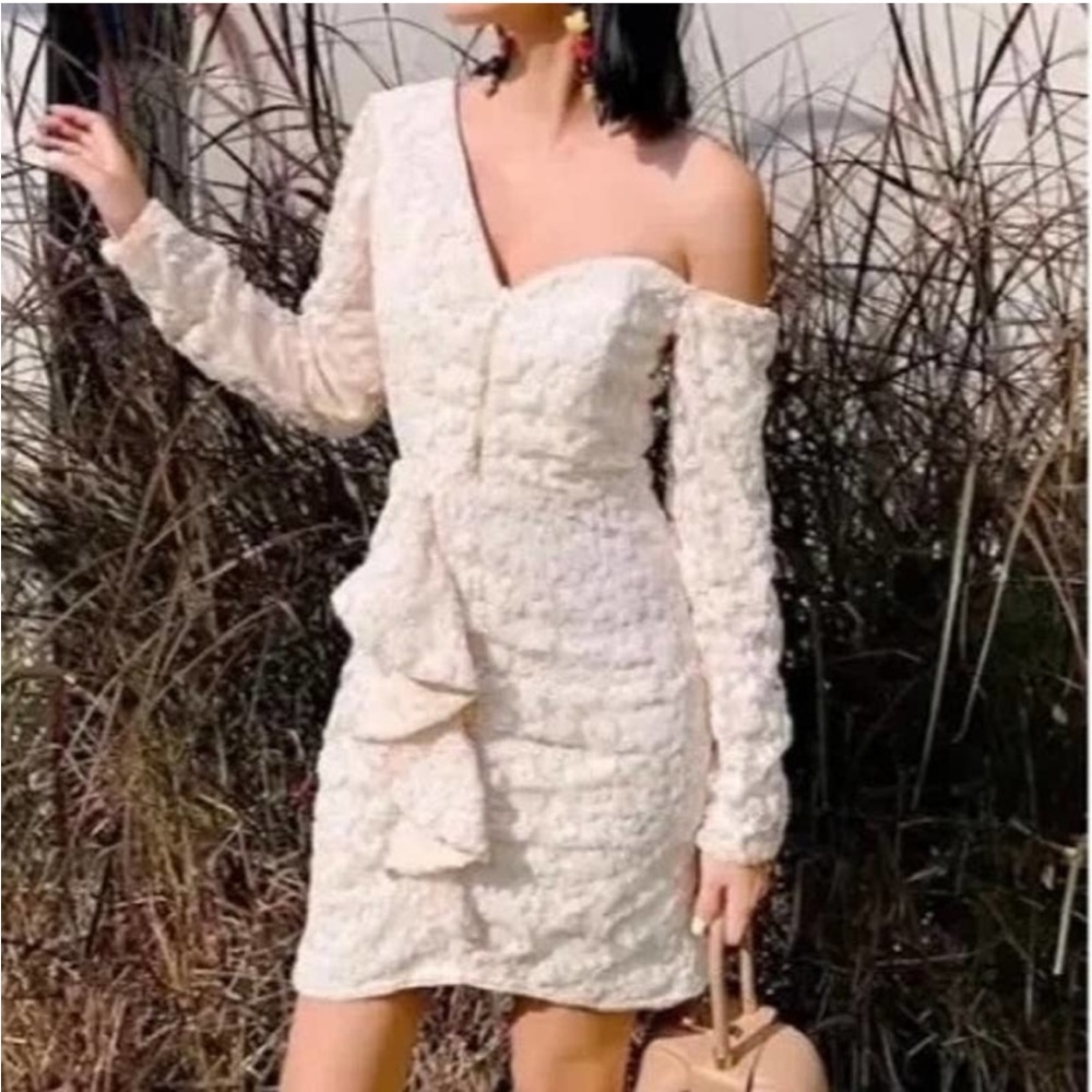 New Self Portrait Sequin Embellished Ruffled Mini Dress Ivory